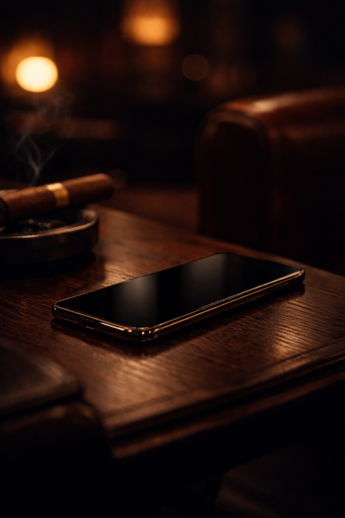 Smartphone resting on a dark wooden table in a cigar lounge, suggesting a premium cigar app experience