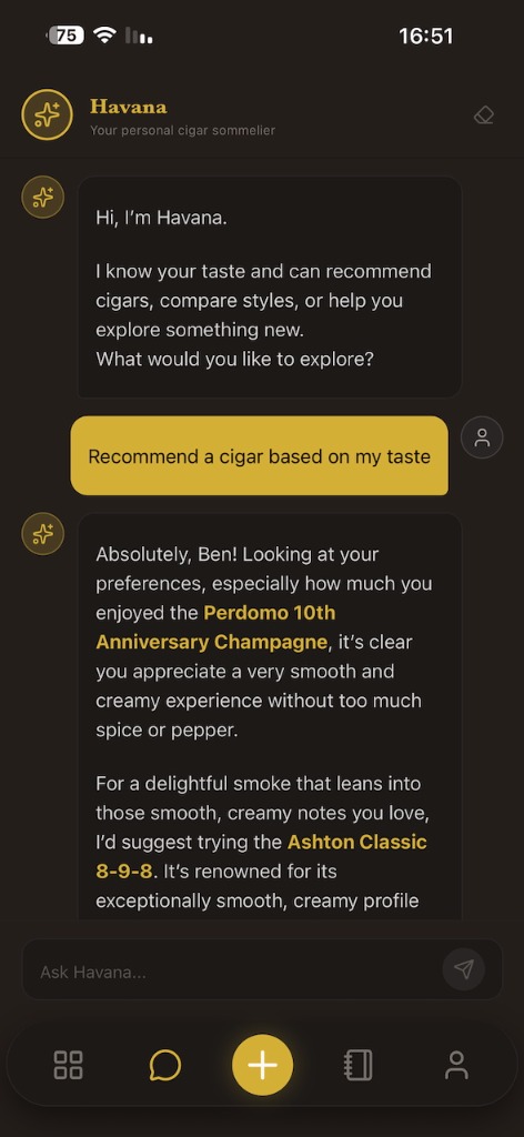 AI Sommelier chat interface providing cigar advice